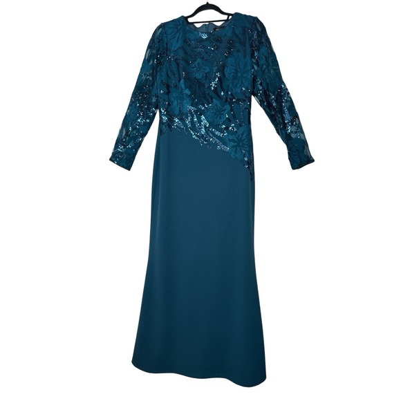 Tadashi Shoji Maxi Dress Women's Size 8 Floral Sequin Long Sleeve Stretch Cóctel - Picture 2 of 13